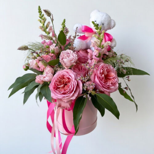 Flowerbox pastelowy z misiem